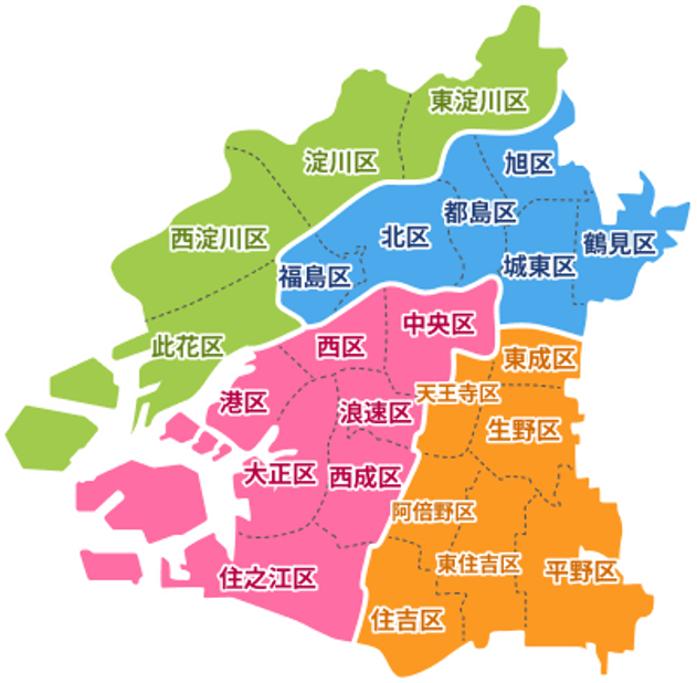 大阪市24行政区を4つの区域に色分けした新4区案の地図